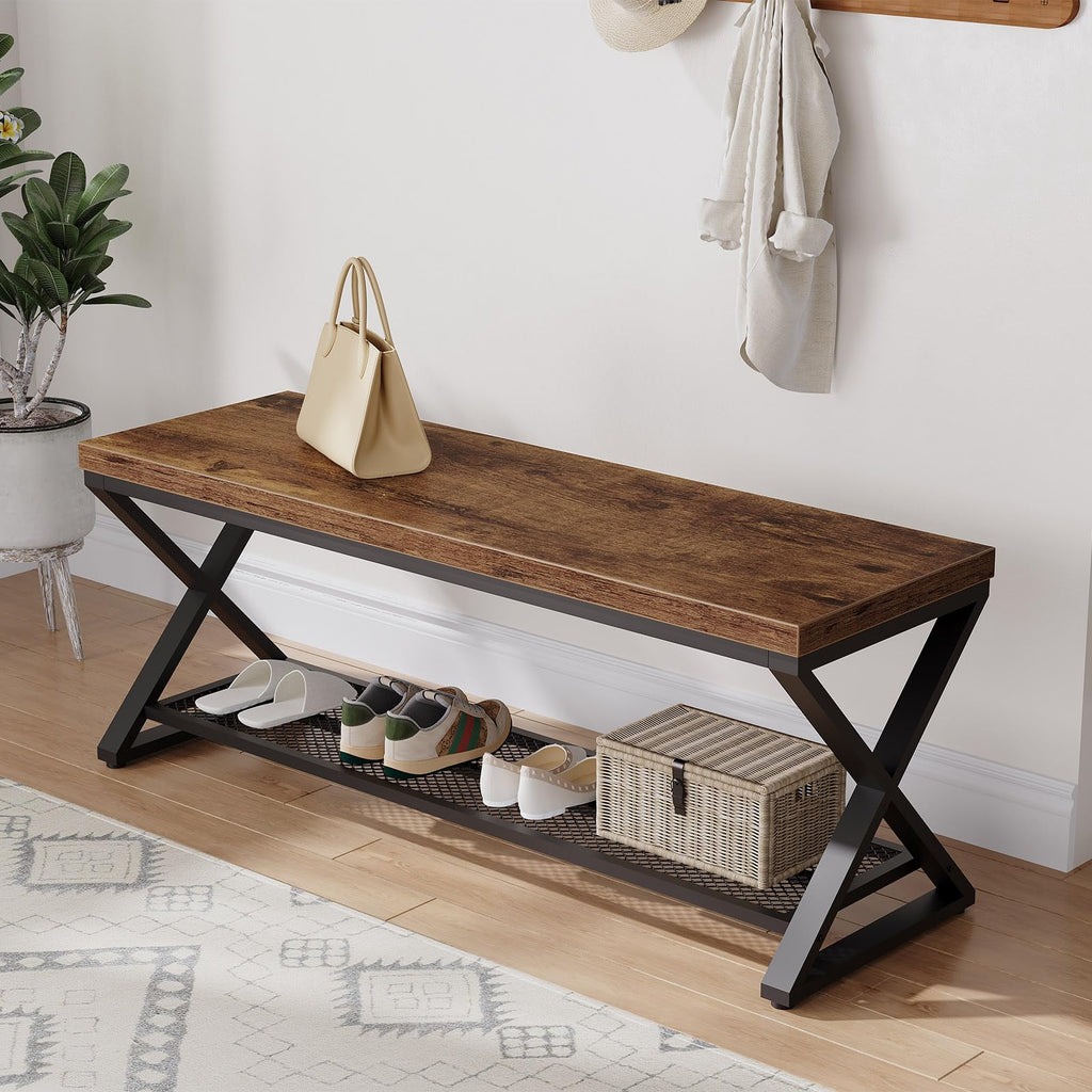 Rustic Brown Entryway Bench, 47" Industrial Shoe Bench with Storage