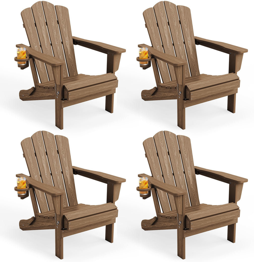 Folding Adirondack Chair Set of 4 with Cup Holder, Brown
