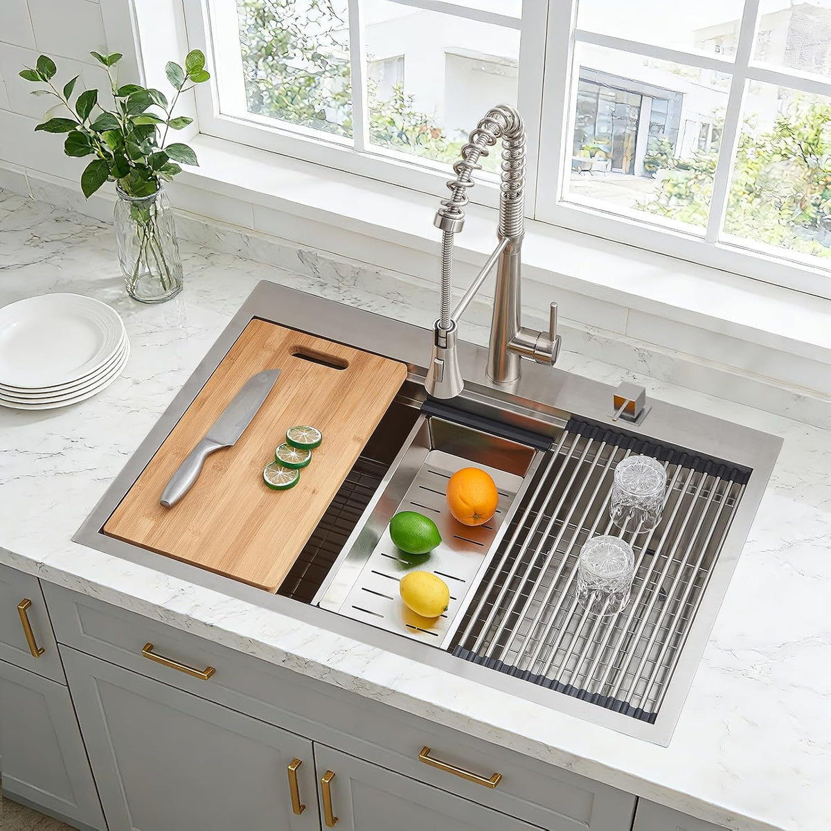 33x22 Inch Drop Sink Workstation, 33 Inch All In One SUS304 Stainless Steel Top Mount Single Bowl Overmount Double