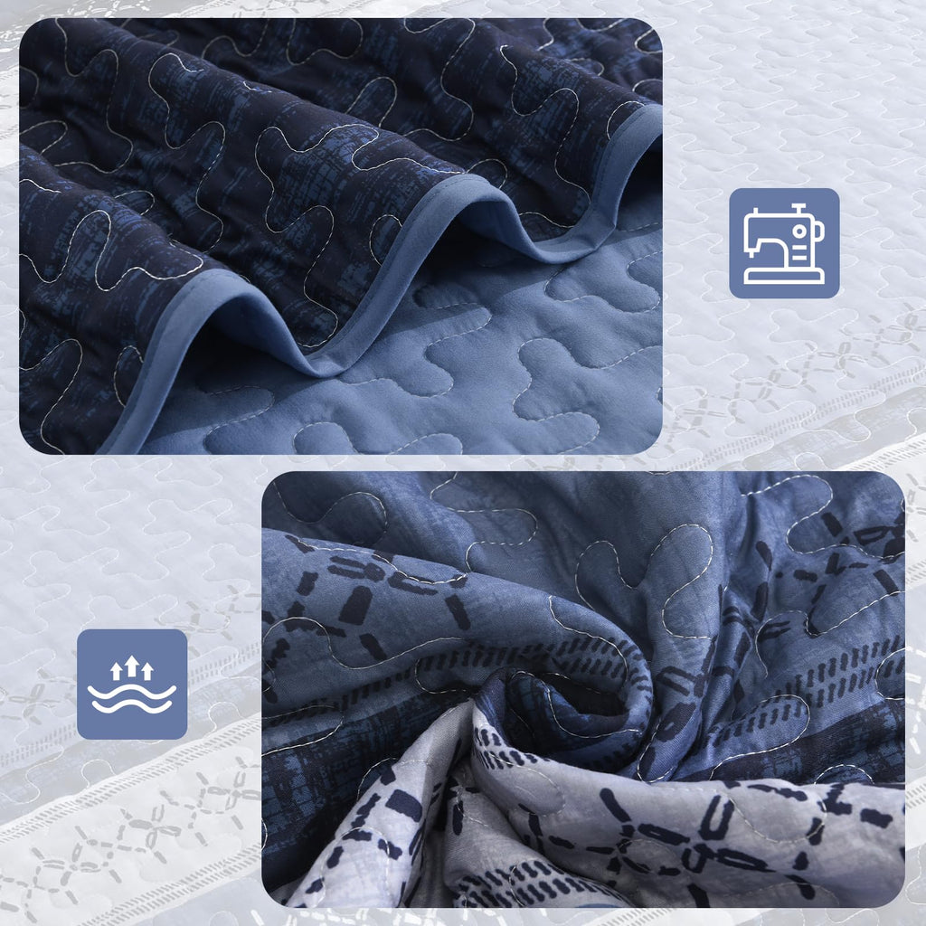 Quilt Bedding Set, Navy Blue Patchwork Striped Bedspread