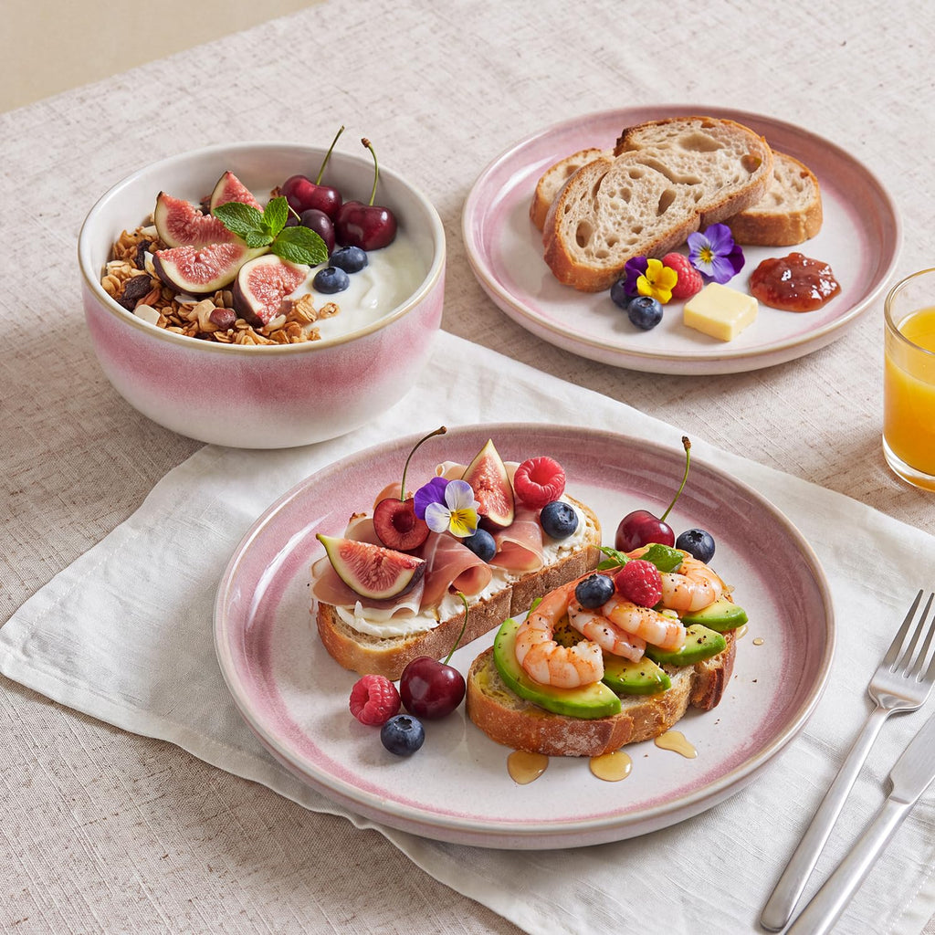 Dinnerware Set for 4, Pink Reactive Glaze Plates and Bowls Sets