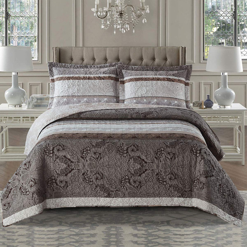 7PC Bedding Set- Callisto Taupe Lightweight Quilt with Solid Ivory Microfiber Bed Sheets
