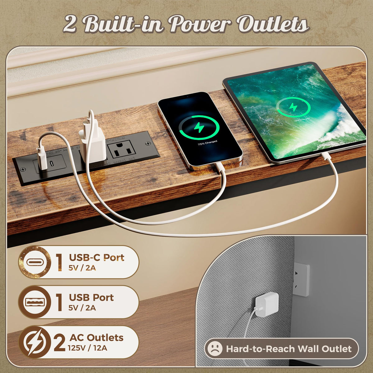 Narrow Console Table with Power Outlets & USB-C, Rustic Brown