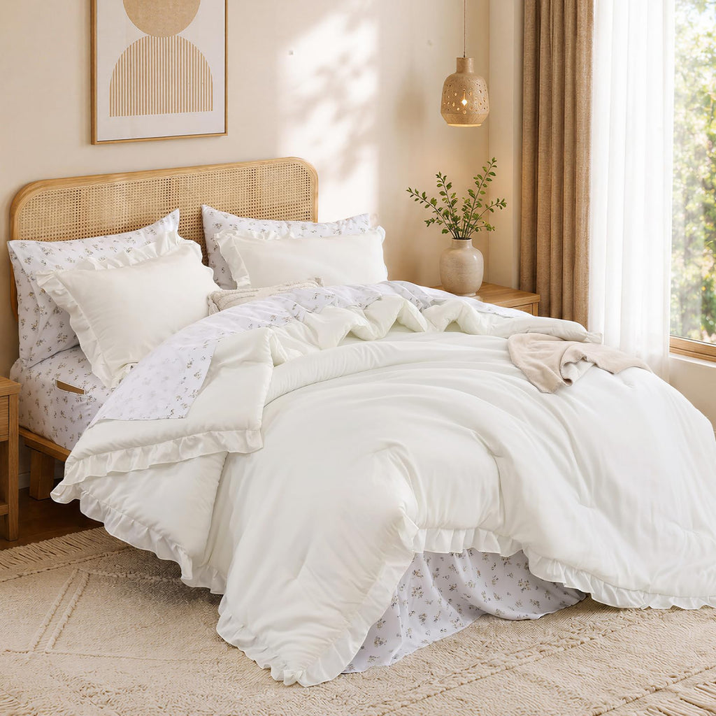 Ruffle Comforter Set with Floral Sheets 7 Pieces Cream White