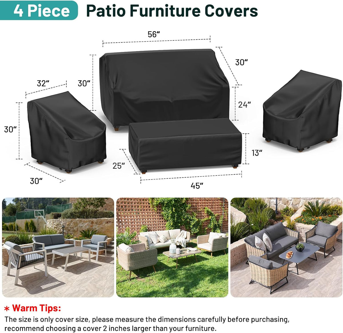 Patio Furniture Covers, 4 Piece Outdoor Furniture Cover Waterproof includ Ourdoor Sofa Cover, 2 Chair Covers, Coffee