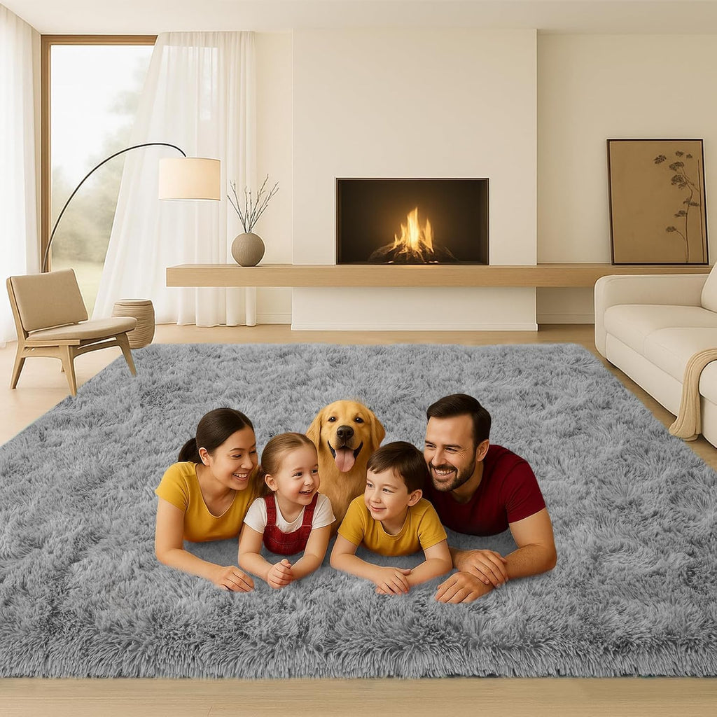 Grey Fluffy Shag Area Rug, Non-Slip Thick Soft Carpet