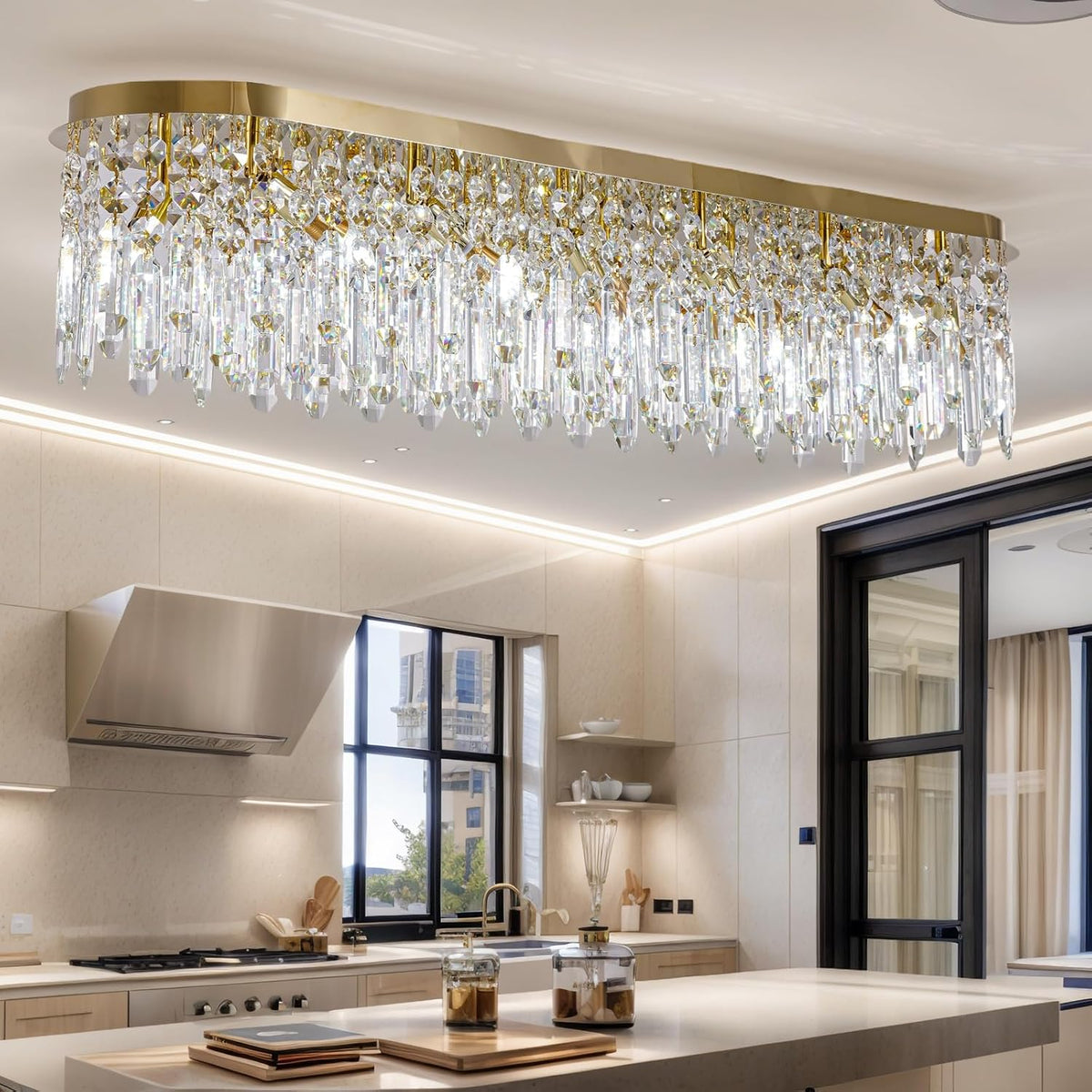 Twelve-Light Gold Crystal Raindrop Chandelier, Modern Cascade