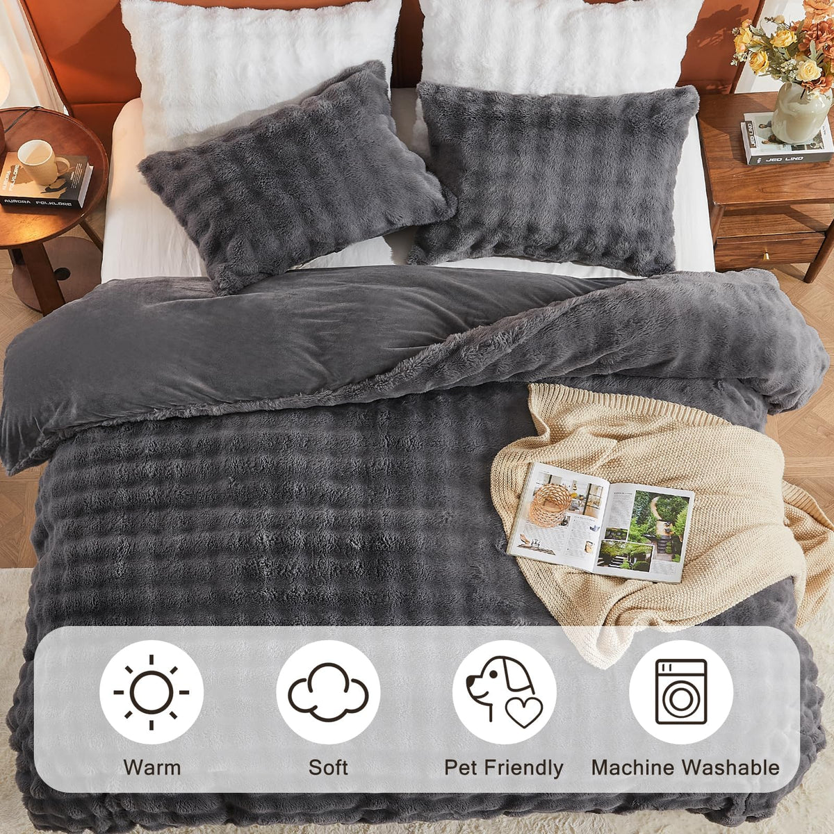 Fluffly Faux Rabbit Fur Bubble Comforter Set, Dark Grey
