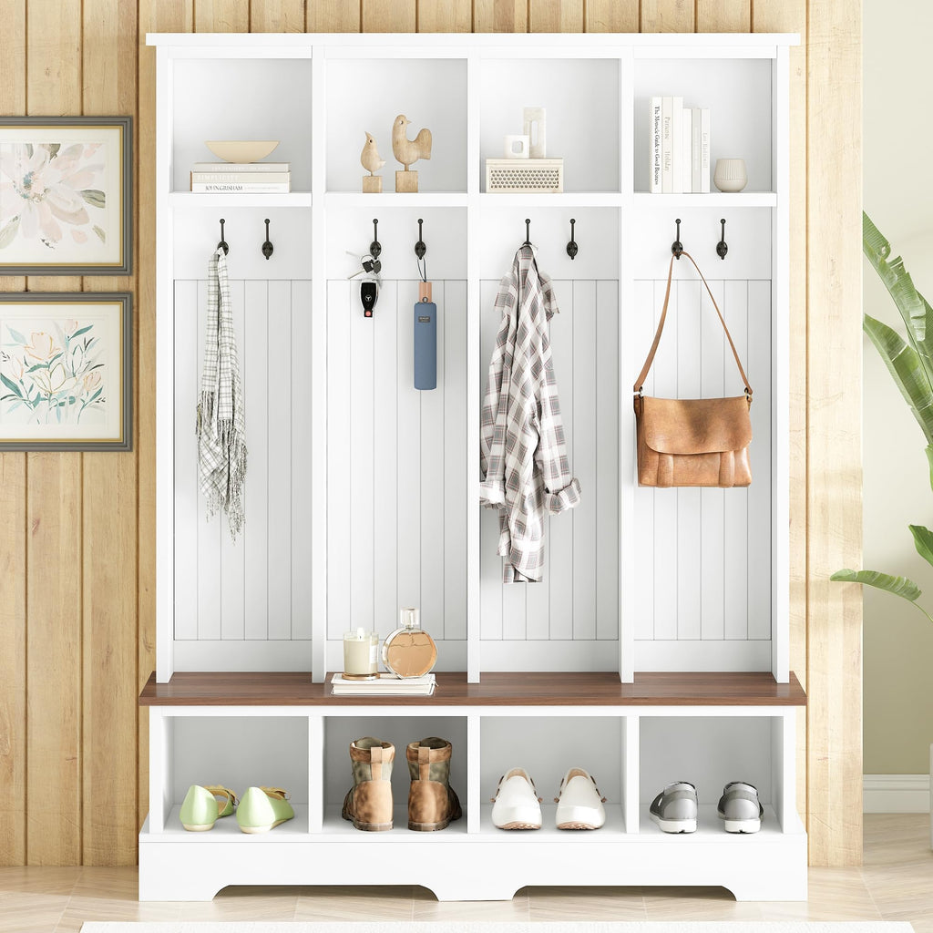 Farmhouse Hall Tree with Bench and Shoe Storage, 59" Entryway Bench with Coat Rack, 8 Hooks and Top Compartments
