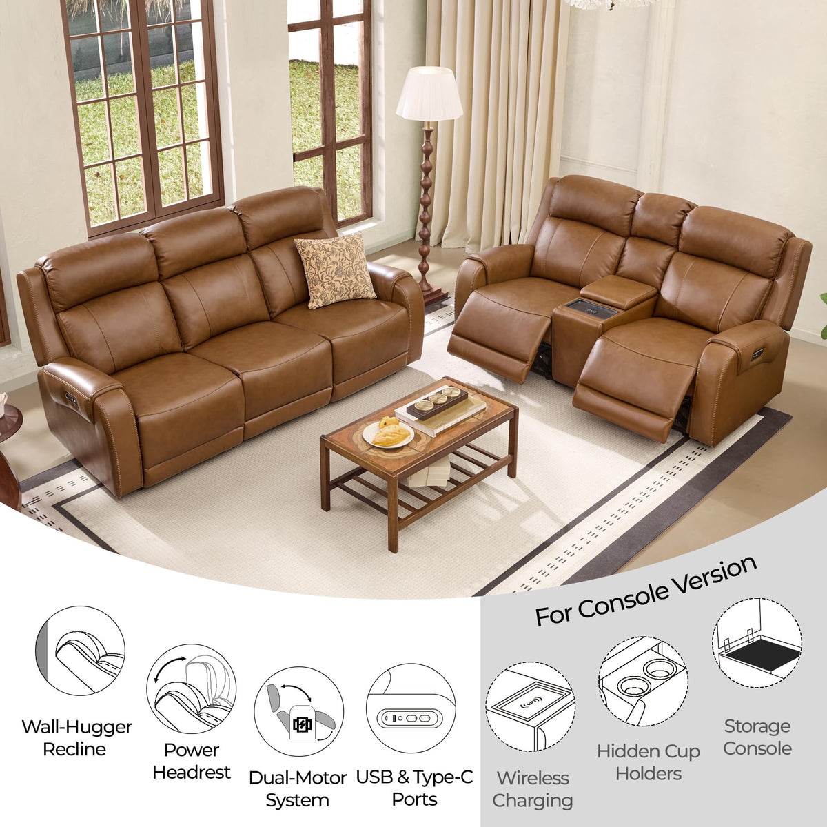 Genuine Leather Power Recliner Sofa, 3 Seater Reclining Sofa, Saddle