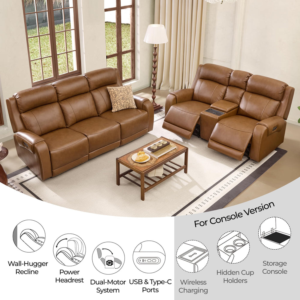 Genuine Leather Power Recliner Sofa, 3 Seater with Console, Saddle