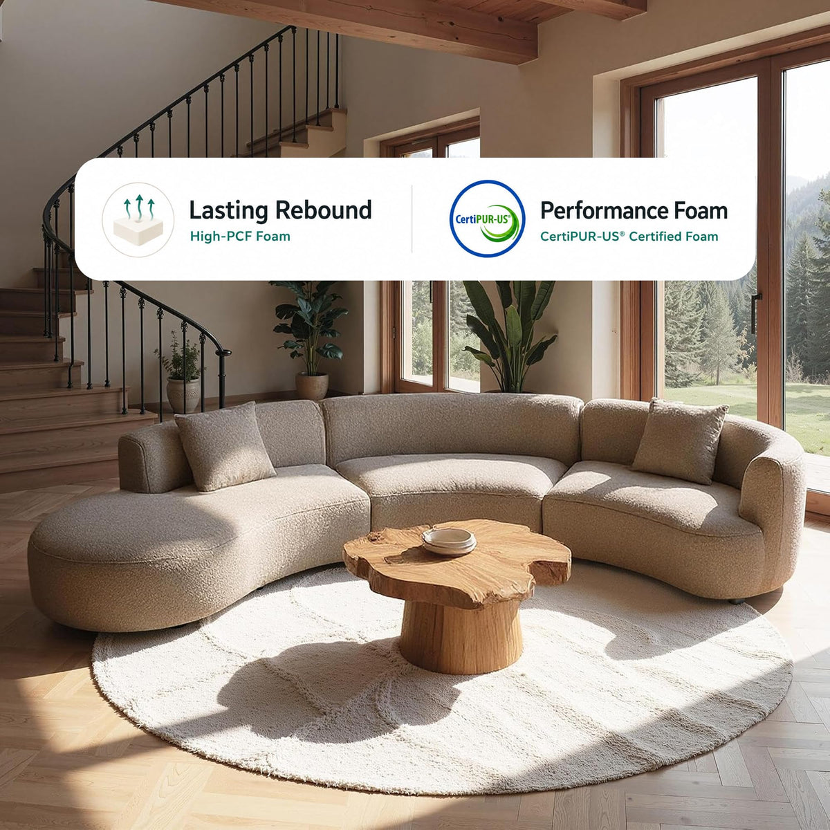 Formia Boucle Curved Sectional Sofa, 153" W Left Hand, Light Coffee
