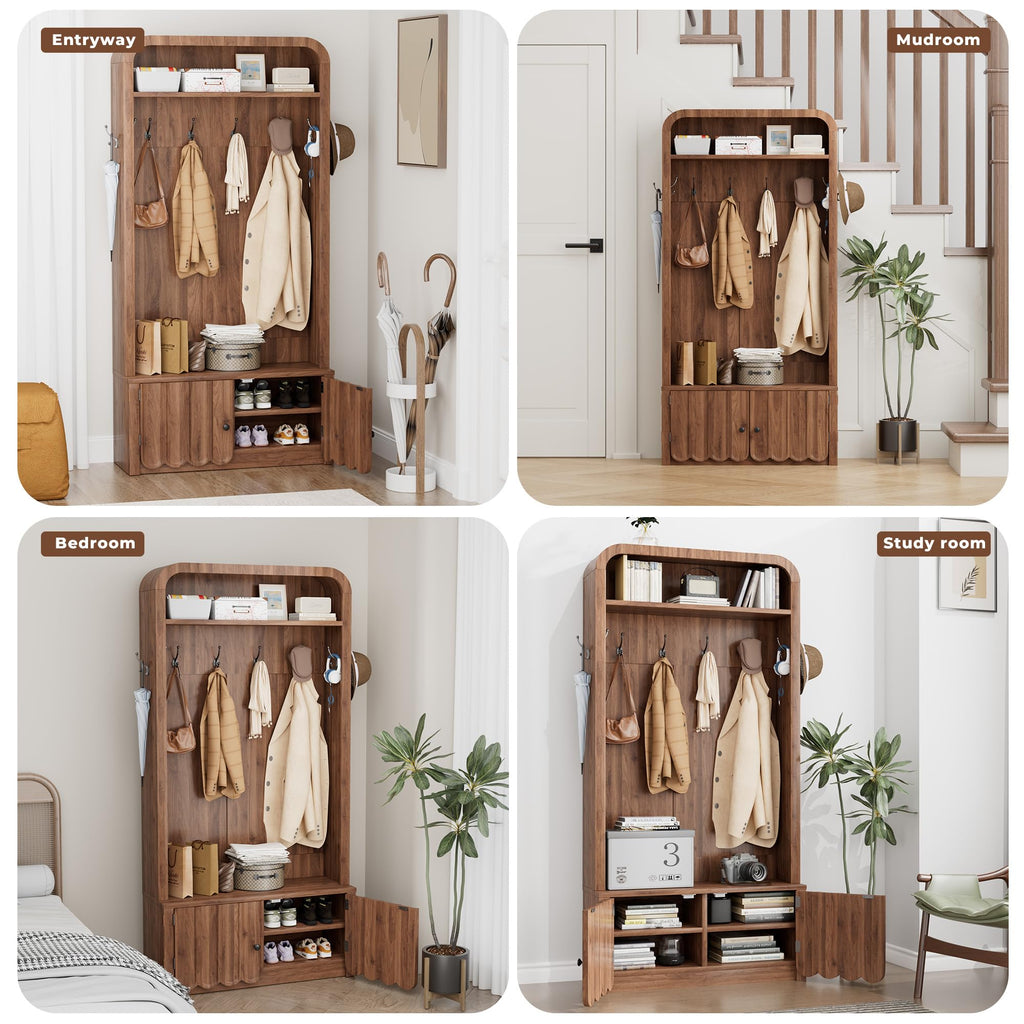 Narrow Hall Tree with Bench and Shoe Storage, Arched Mudroom Bench with Storage and Hooks, Modern Rustic Entryway