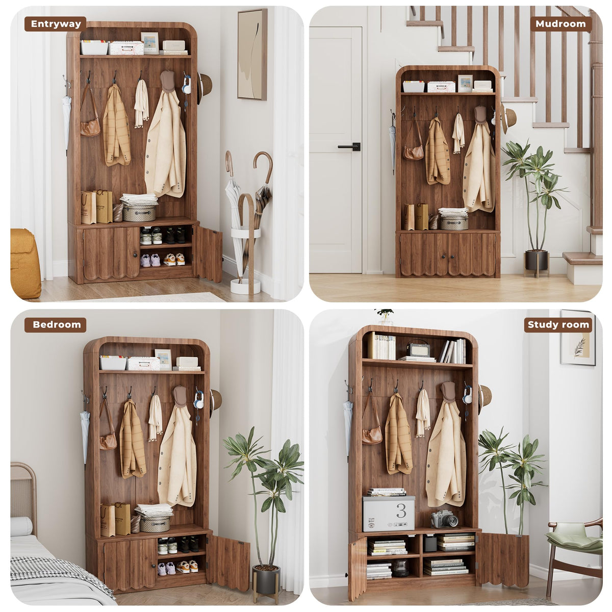 Narrow Hall Tree with Bench and Shoe Storage, Arched Mudroom Bench with Storage and Hooks, Modern Rustic Entryway