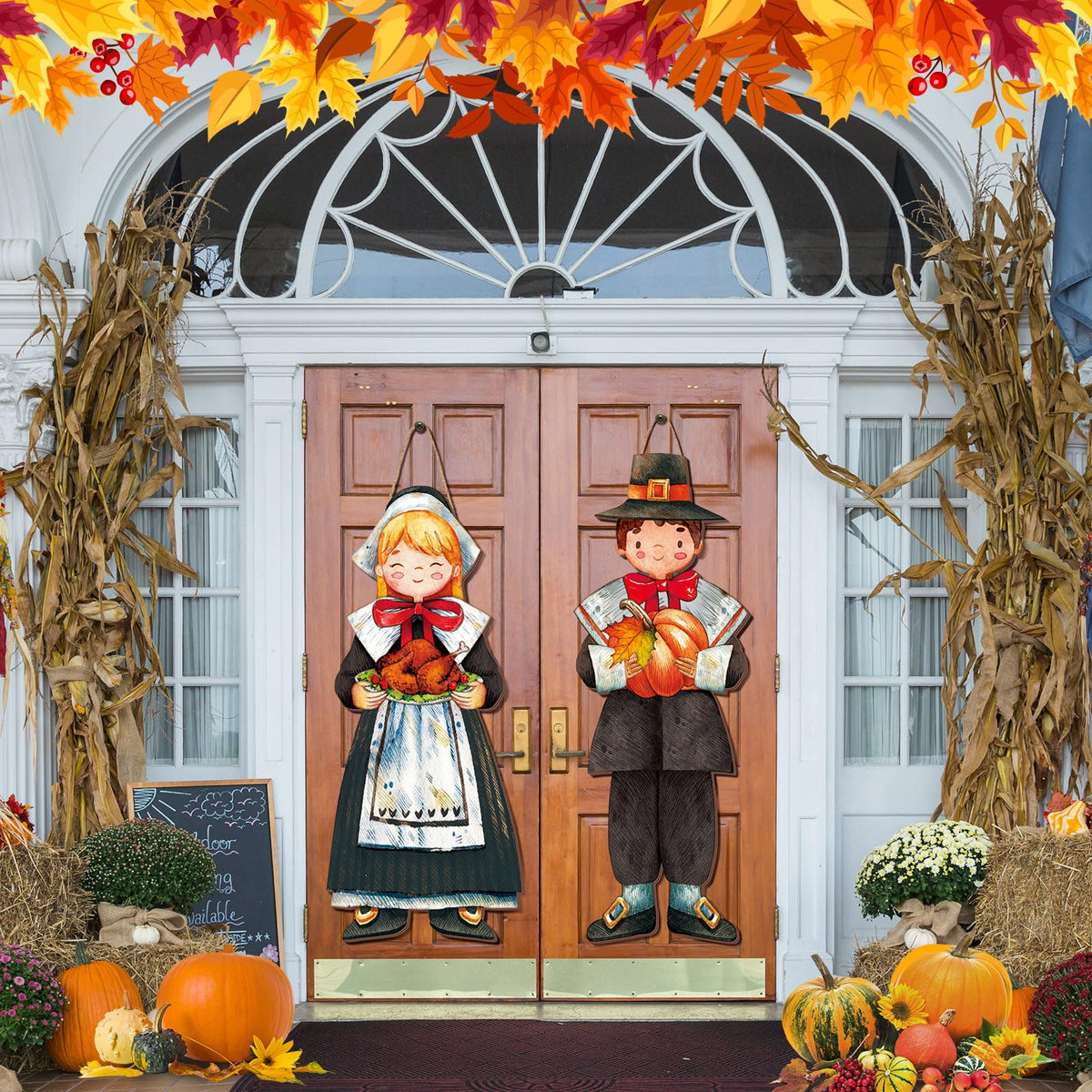 2 Pcs Fall Thanksgiving Pilgrim Boy and Girl Hanging Sign
