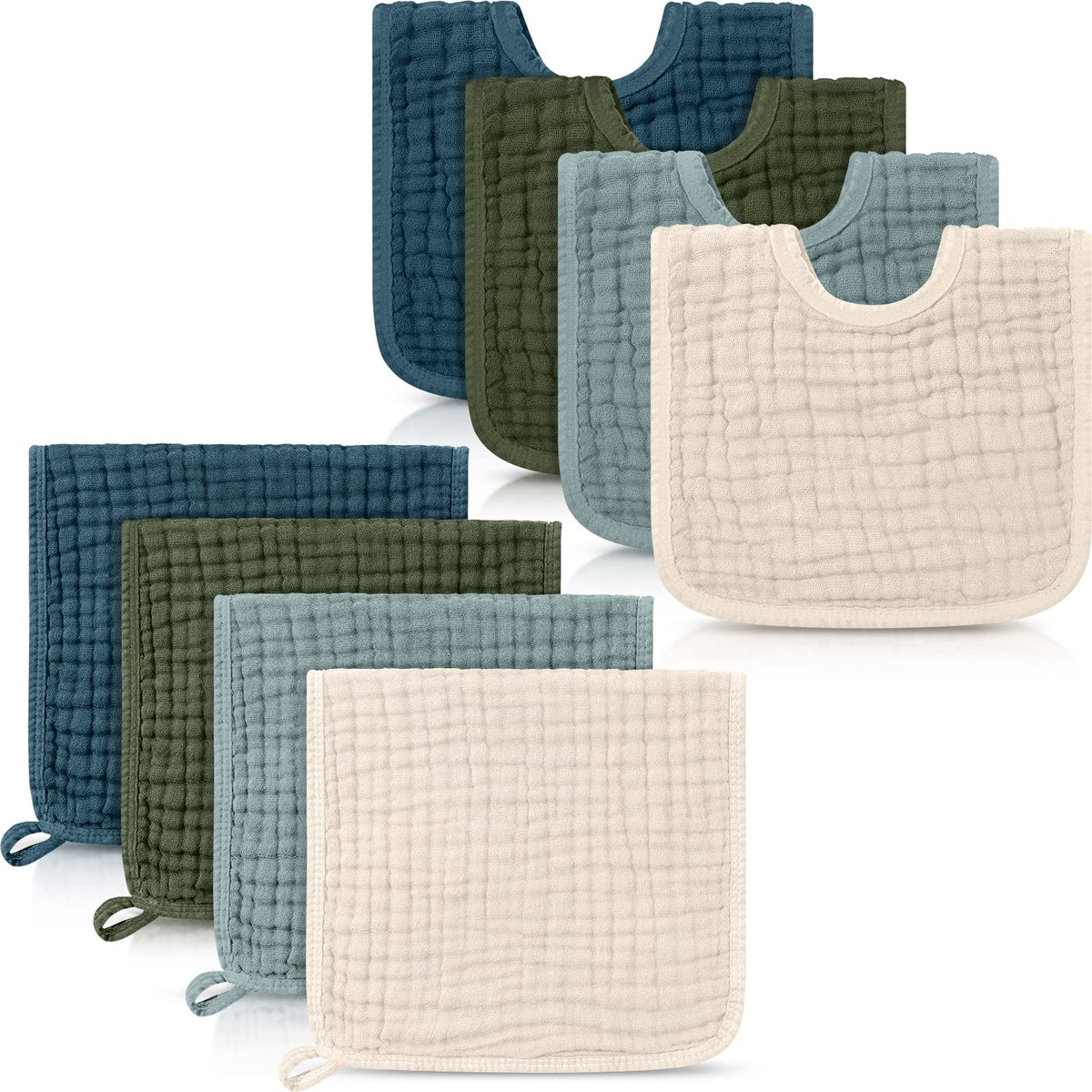 8 Pack Muslin Burp Cloths and Baby Bibs for Boy Girls, Light Color