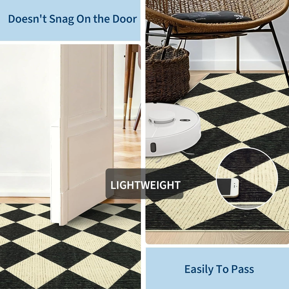 Checkered Diamond Runner Rug 2x6, Washable Non-Slip, Black & Beige