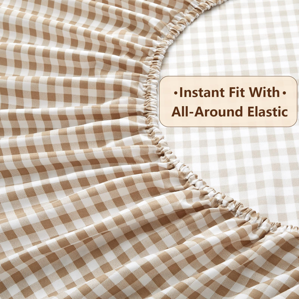 Gingham Ruffle Sheet Set, Taupe Microfiber Plaid Bed Sheets