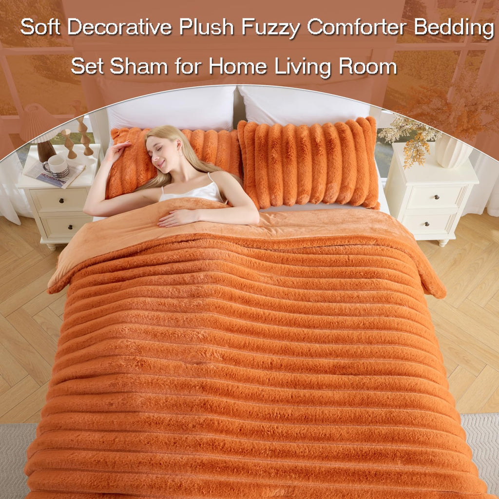 3 Pieces Fluffy Faux Rabbit Fur Comforter Set, Plush Fuzzy Bedding Set, Stripes Design Warm Soft Comforter