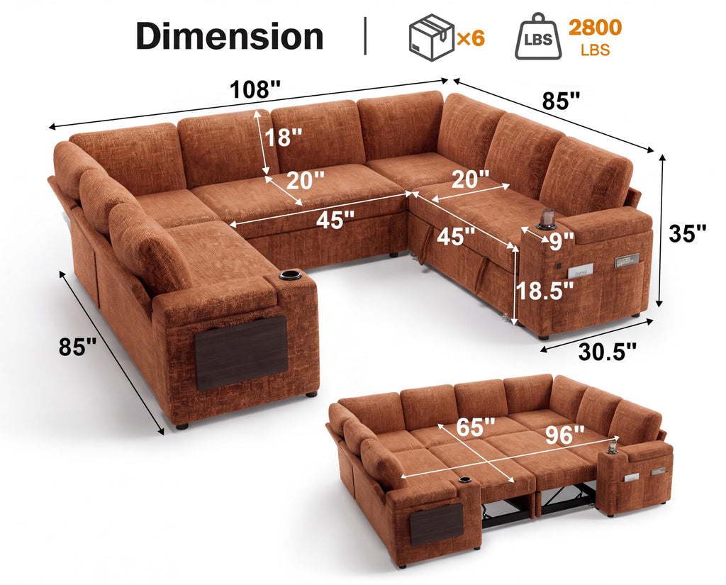 111" Modular Sectional Sleeper Sofa with Pull Out Bed, 8 Seat Chenille U Shaped Couch with USB Ports|Cup Holders|Side
