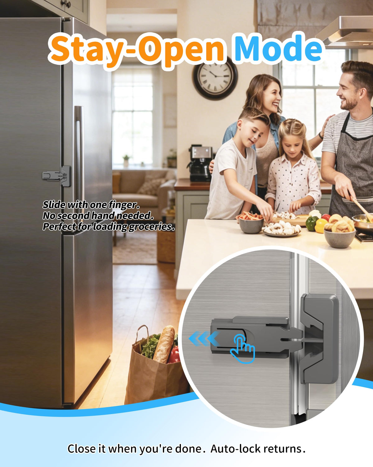 Child Safety Fridge Lock, Auto-Lock, Gray, 2-Pack