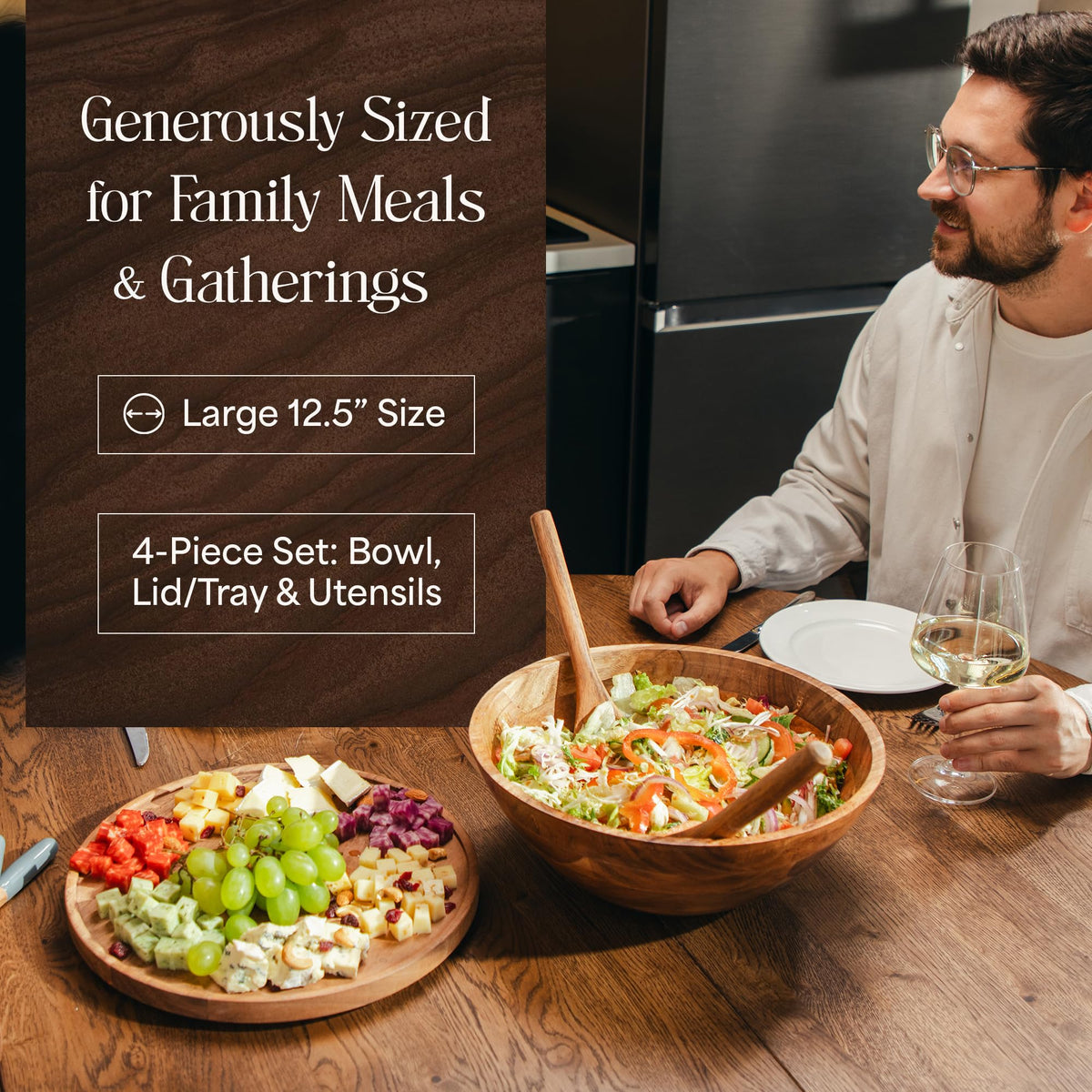 Large Wooden Salad Bowl Set 12.5 Inch with Serving Utensils, Tray Lid and Carry Strap. Acacia Wood Large Salad Bowls