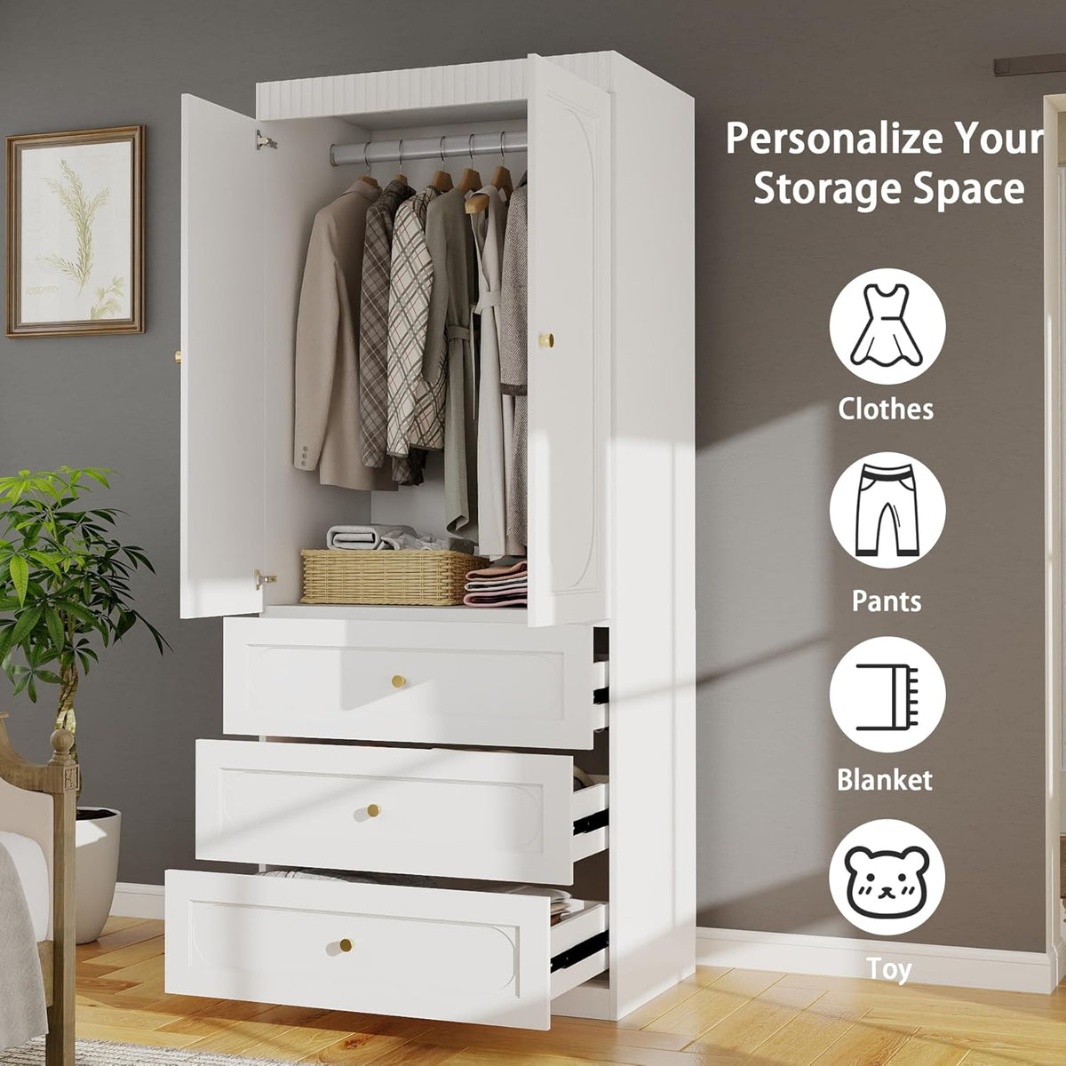Armoire Wardrobe Closet with Drawers: 74" Tall White Wardrobe Closet with Doors, Large Bedroom Armoires for Clothes