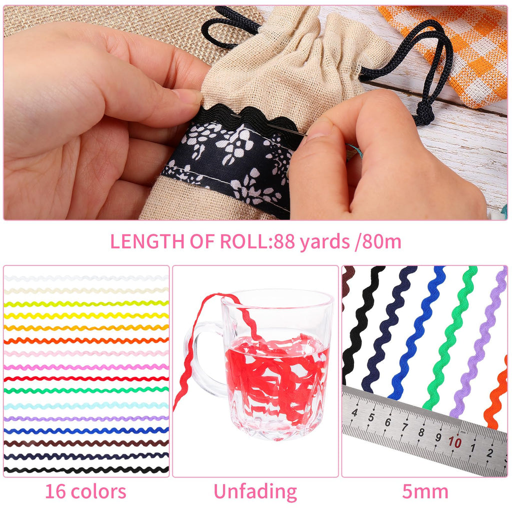 Rick Rack Trim for Sewing Wavy Fringe Ribbon, Multicolor - 88 Yards