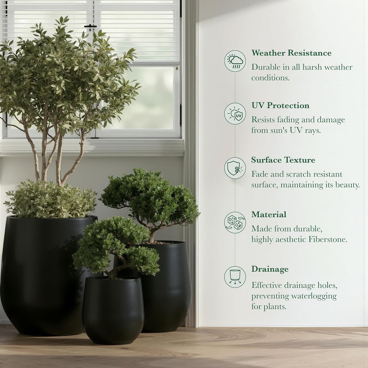 Premium Mt Wilson Tall Tapered Fiberstone Planter for Indoor Outdoor Use, Modern Large Olive Tree Pot with Drainage