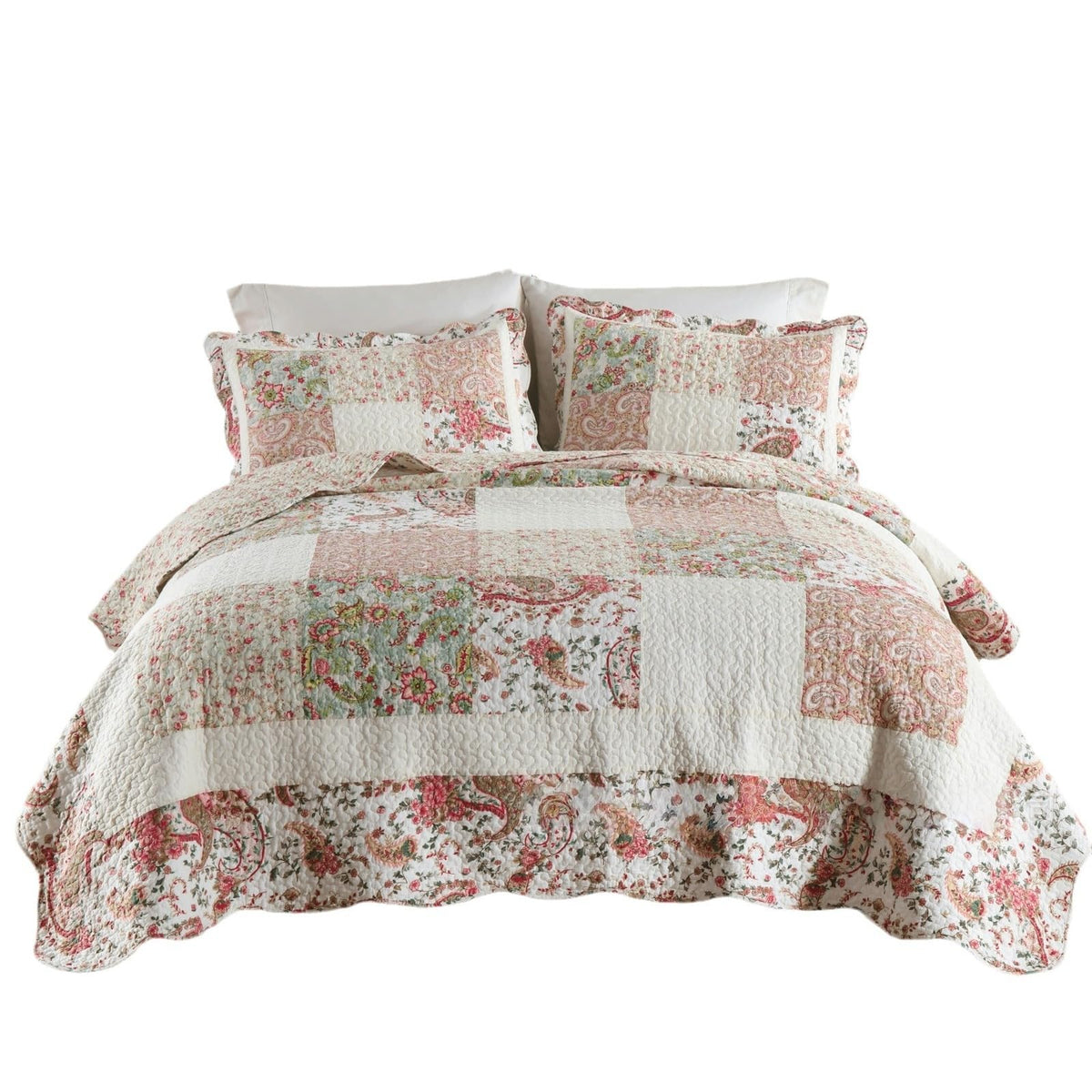 3 Pcs Cotton Paisley Patchwork Quilted Bedding Set Vintage Shabby Chic Botanical Rose Quilted Bedspread with Ruffle