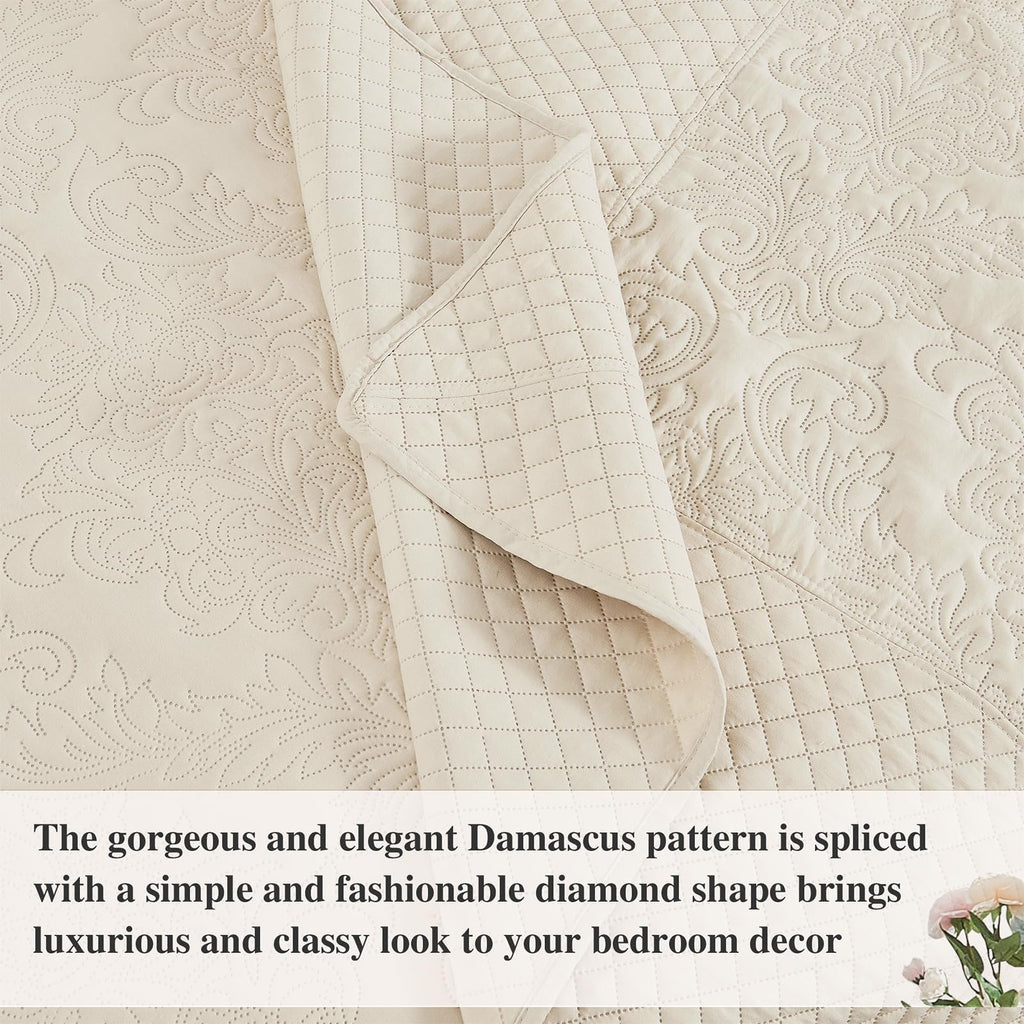 Bedspread 138x122, Quilt with Damask Pattern, Beige Coverlet with Pillowcase