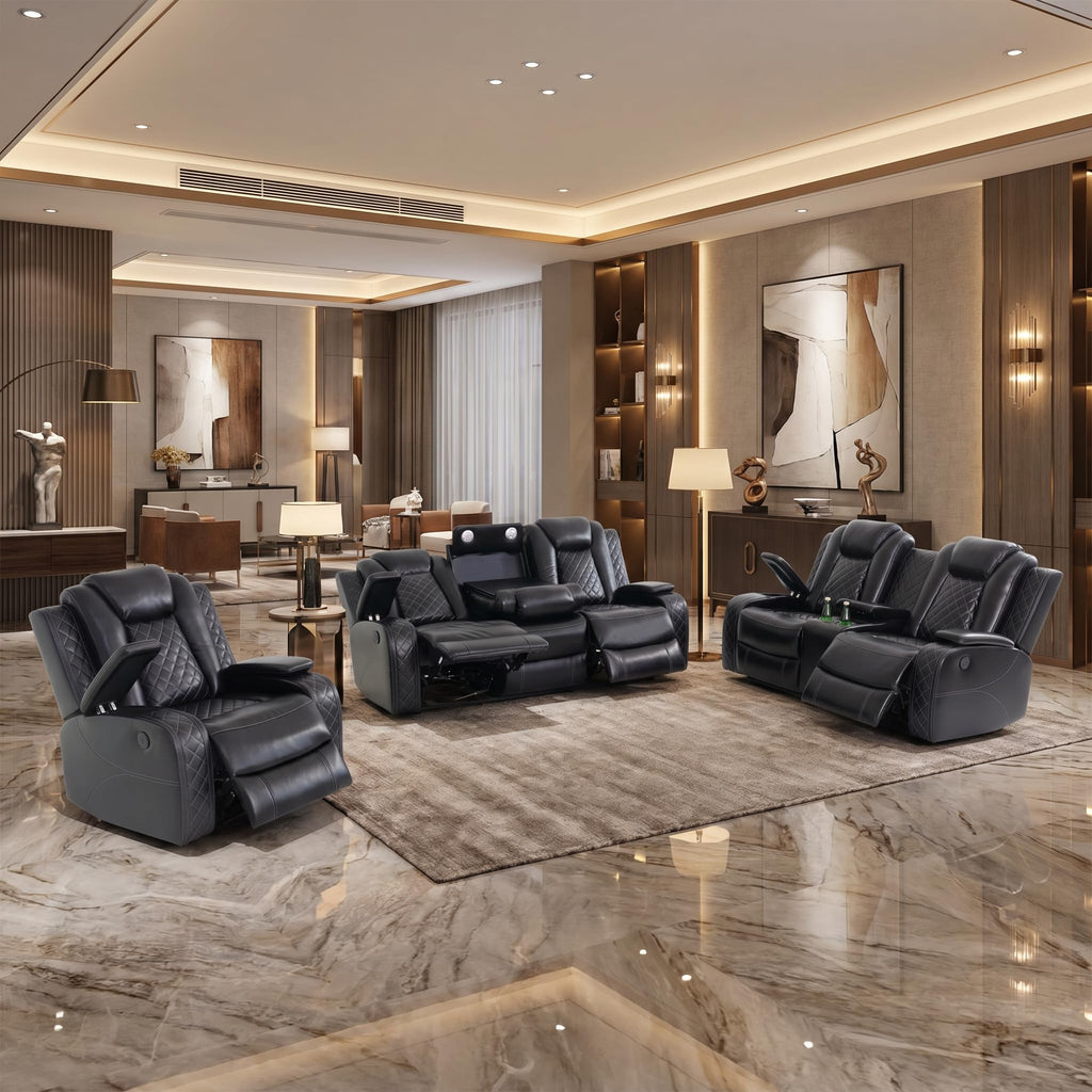 Black Breathing Leather 3-Piece Power Reclining Sofa Set