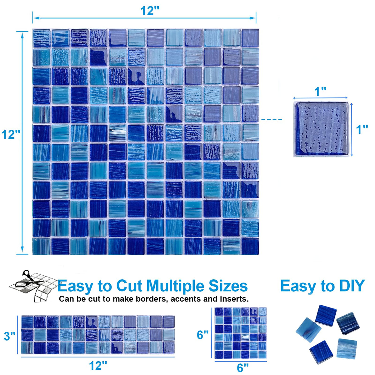 5 Sheets Glass Mosaic Tiles Backsplash, Pool Tiles, 12" x 12" Kitchen Backsplash Tile, Glass Tiles Border Shower Wall