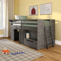 Loft Bed Twin, Solid Wood Low Loft Bed with Storage Drawer and Ladder, Modern Farmhouse Loft Bed for Kids, Driftwood