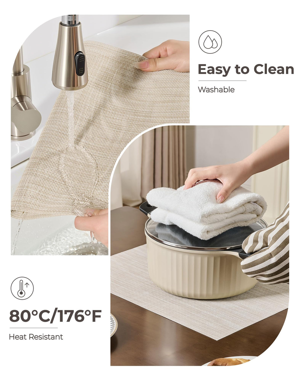 Beige White Placemats Set of 6 - Heat Resistant Non-Slip Place mats for Dining Table, Washable Durable PVC Vinyl