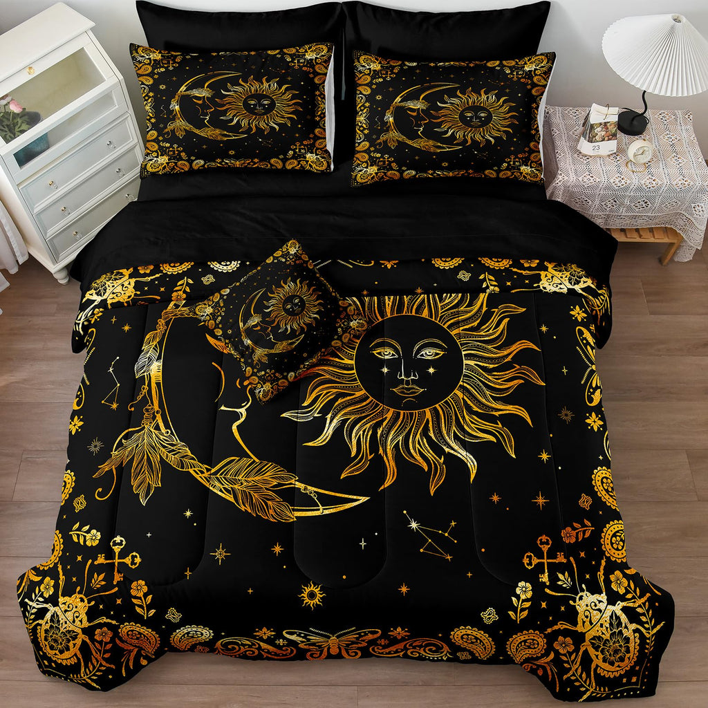 Black Gold Comforter Sets Sun and Moon Bedding Gold Stars Starry Sky Galaxy Theme Boho Chic Bedding Comforter Paisley