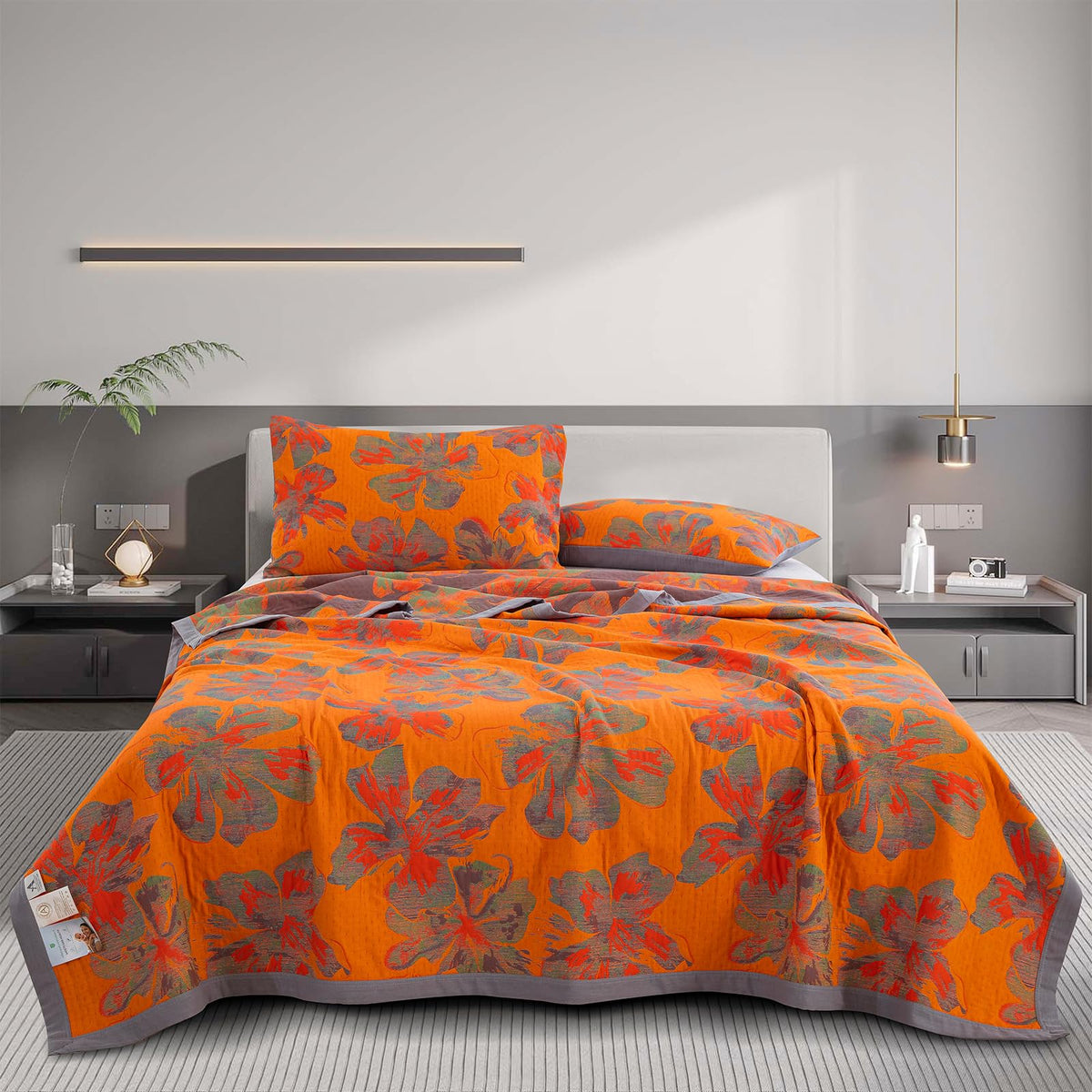 Quilt Set, 100% Cotton Muslin 3-Layer Soft Breathable Lightweight Reversible Bedspread, Jacquard Orange