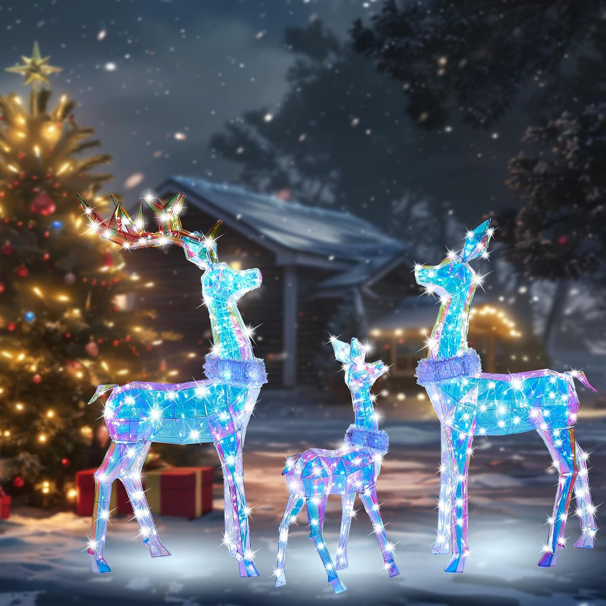 54 Inch 3D Colorful Large Lighted Christmas Deer Decorations 3-Piece Outdoor Holiday Decorations Reindeer Set