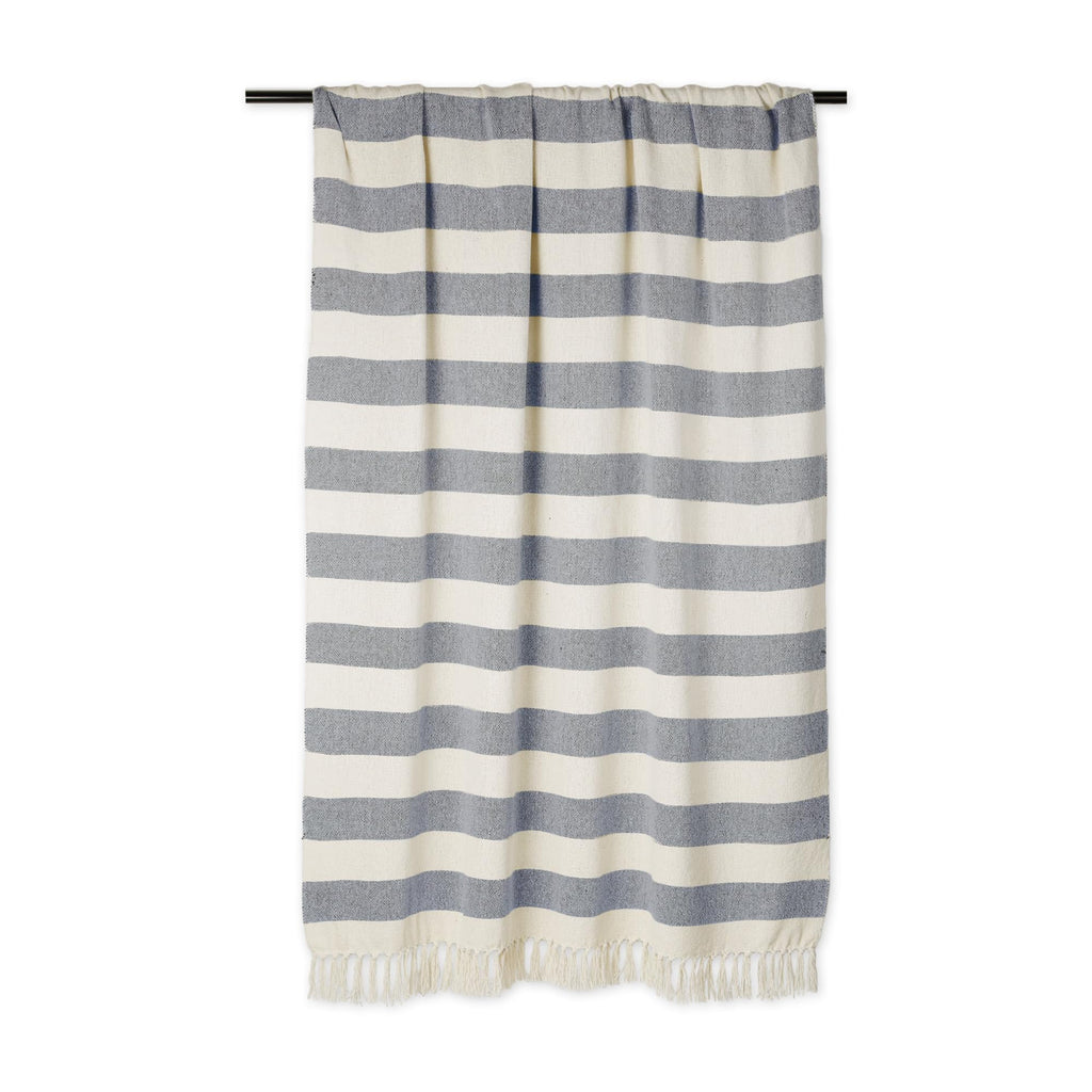 Rustic Farmhouse Cotton Cabana Striped Blanket Throw with Fringe, 50 x 60 - Cabana Striped Off-White with French Blue
