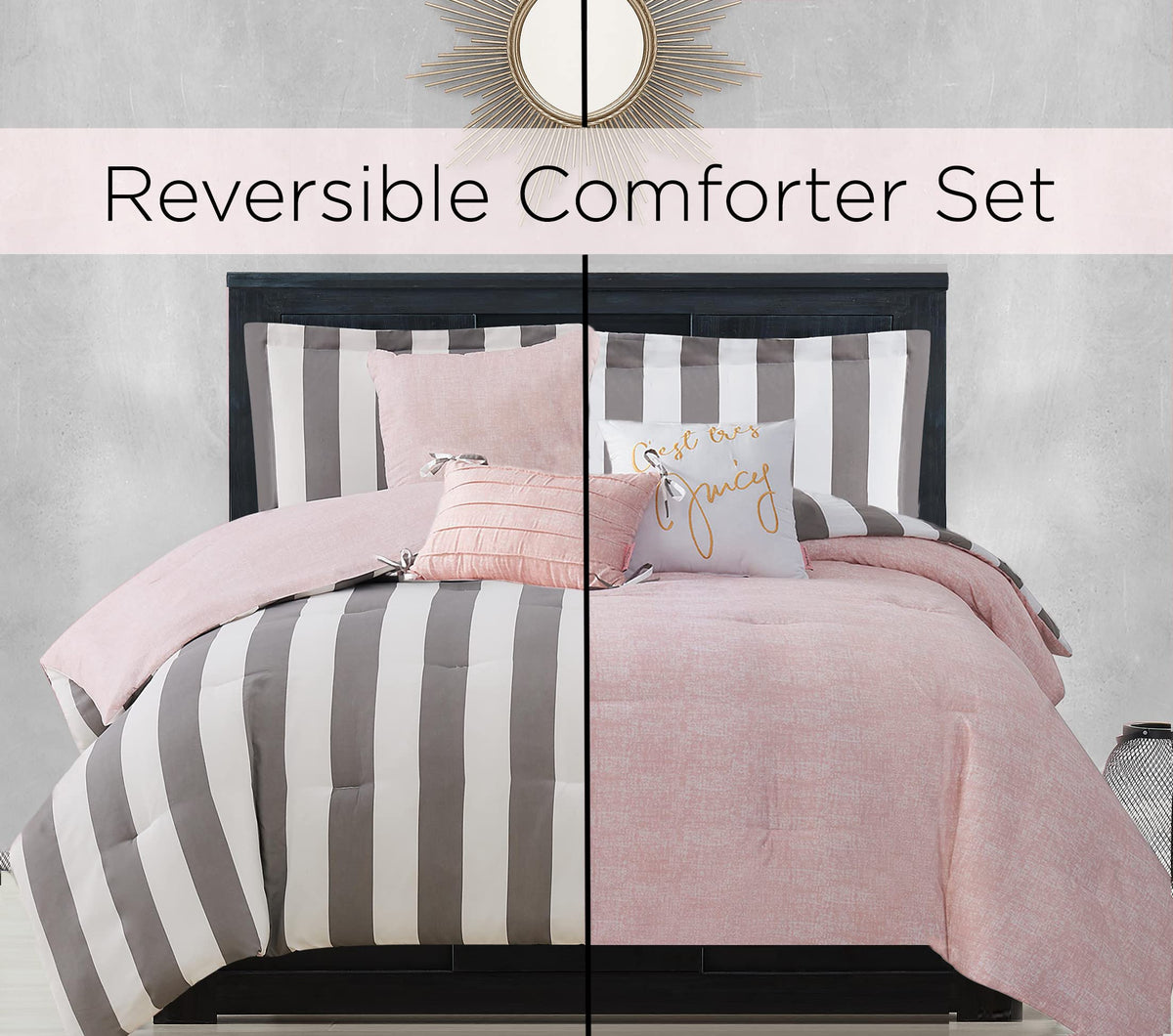 Cabana Stripe Reversible Bedding Set - Grey and White Stripe Print - 6 Piece Set - Includes 1 104" x 90"