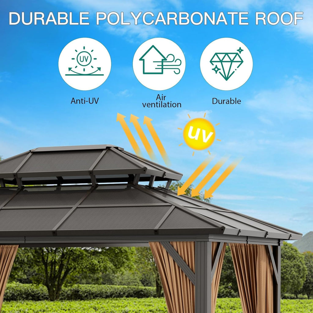 12'x10' Hardtop Gazebo, Heavy Duty Aluminum Permanent Hardtop Gazebo Outdoor Pavilion with Curtains and Netting (Khaki