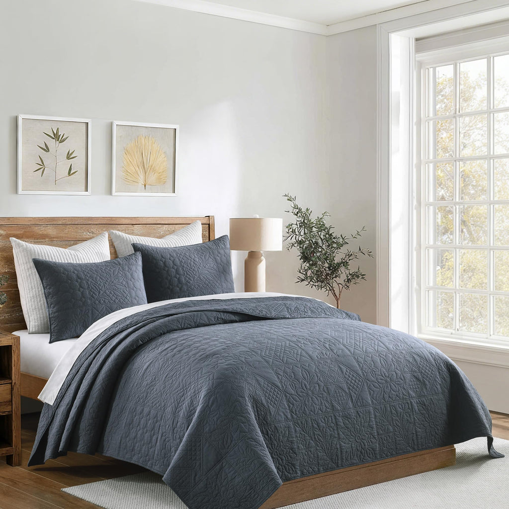 100% Cotton Quilt Patchwork, Steel Blue Farmhouse Cotton Bedspread Coverlet, Pre-Washed Soft Breathable
