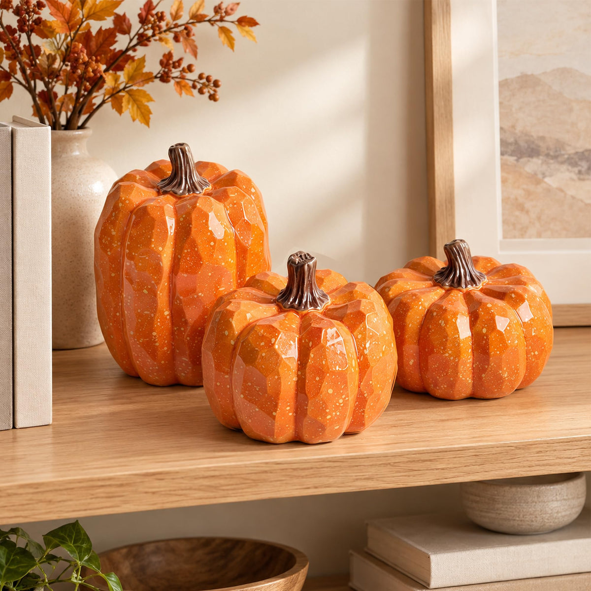 Artificial Pumpkins Decor Orange Pumpkin Fall Decoration, Set of 3