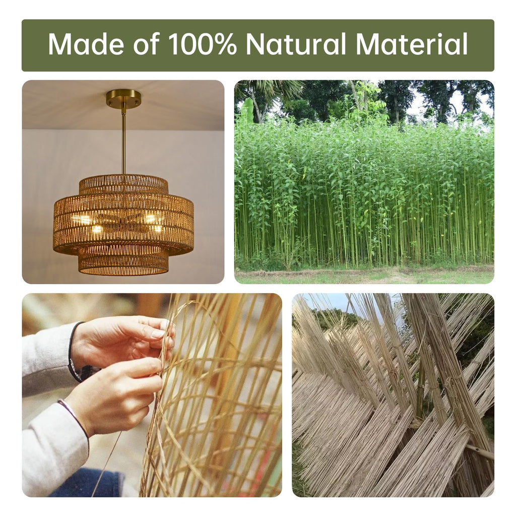 17.7" Rattan Chandelier, Large Boho Pendant Light
