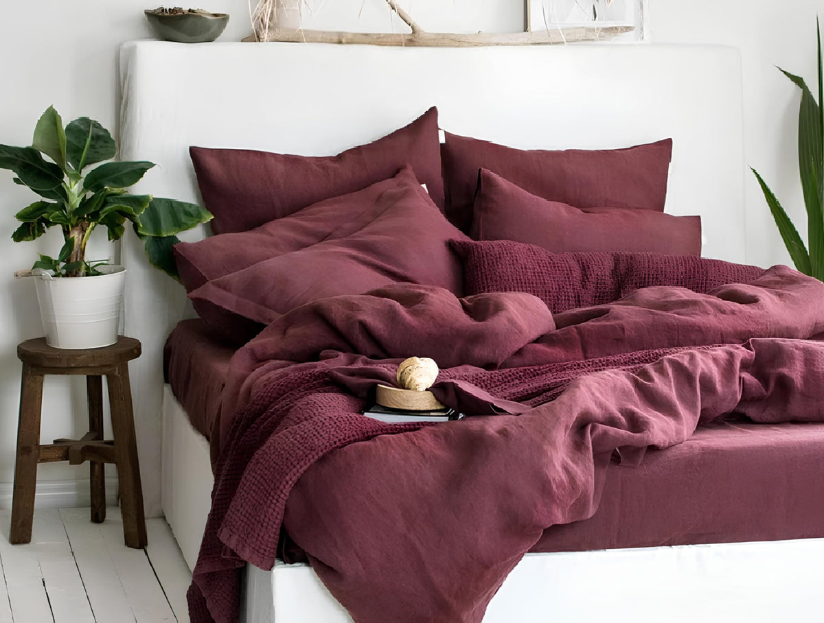 Burgundy Linen Bedding Set Stonewashed Duvet Cover and Custom Linen Duvet Cover 3 Pcs Comforter