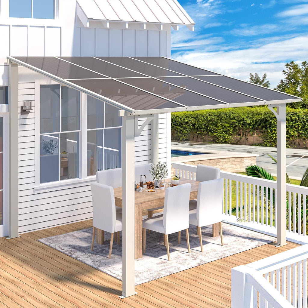 8' x 8' White Gazebo Outdoor Pergola, Small Wall-Mounted Hard Top Lean to Metal Gazebo Shelter Pergolas and Gazebos