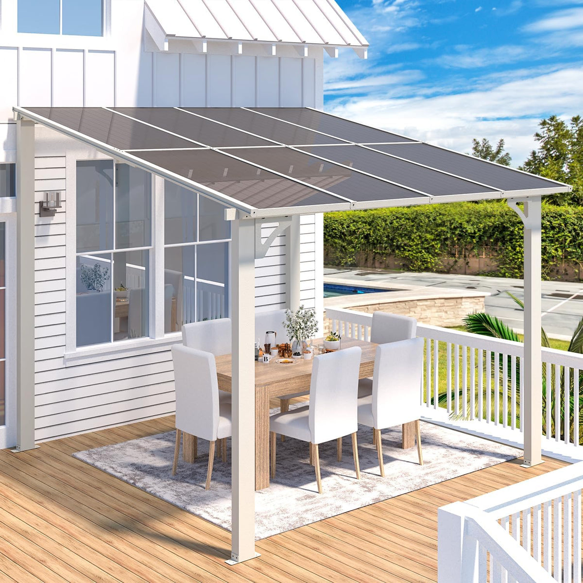 8' x 8' White Gazebo Outdoor Pergola, Small Wall-Mounted Hard Top Lean to Metal Gazebo Shelter Pergolas and Gazebos