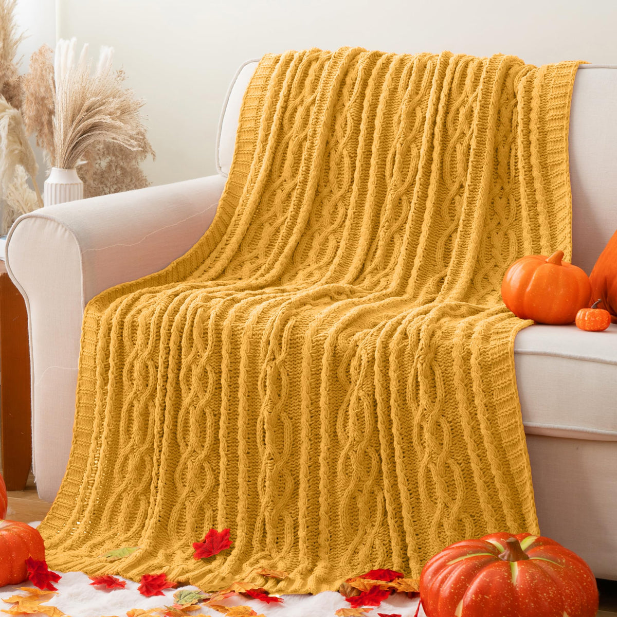 Mustard Yellow Throw Blanket 51"x67" Chenille Knitted Throw Blanket for Couch, Gold Throw Blankets Decor, Summer Fall