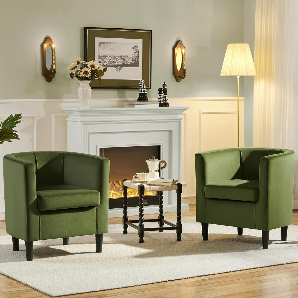 Velvet Accent Chair, Modern and Comfortable Armchairs, Upholstered Barrel Sofa Chair Bedroom Waiting Room, Olive