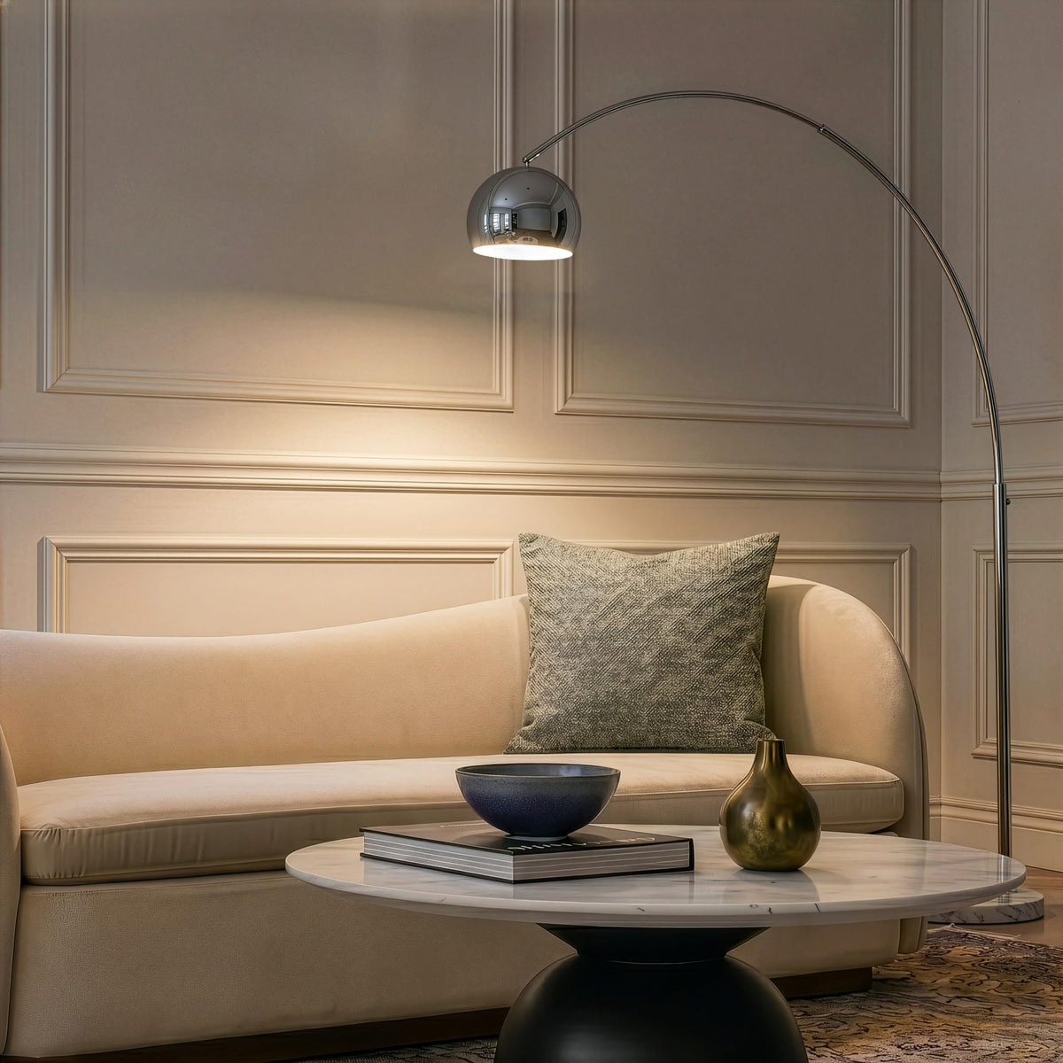 Olivia Floor Lamp - Chic Arc Lamp with Rounded Spolight Head and Marble Base, Tall Standing Lamp with LED Light Bulb
